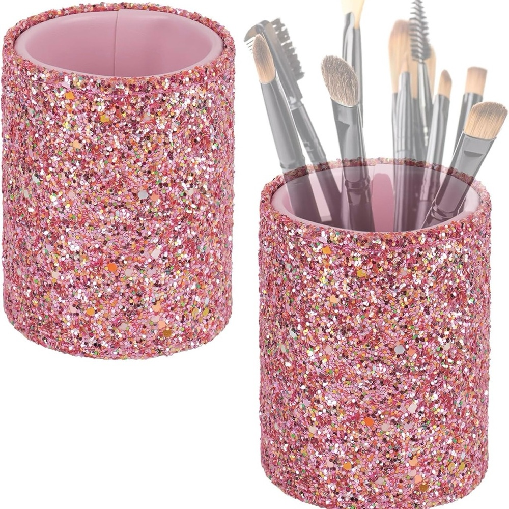 2 Pink Glitter PU Leather Holder for Makeup Brushes, Eyeglasses, Pens & More!